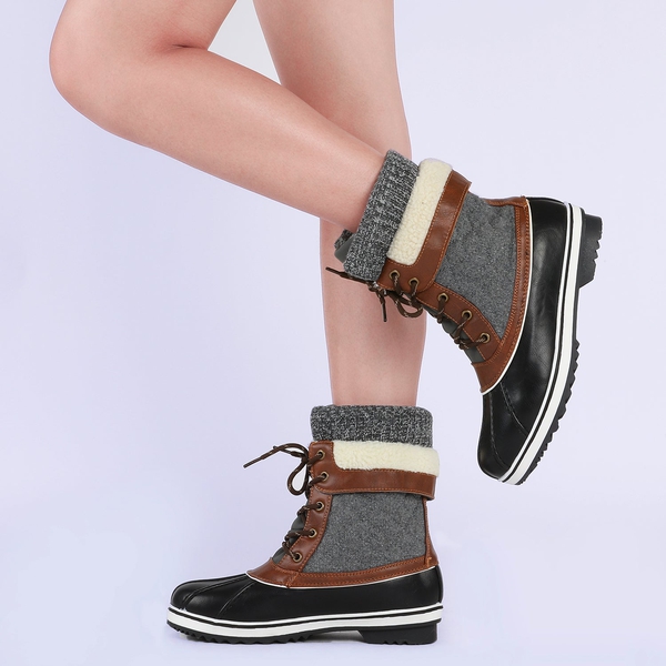 Mid Calf Lace Up Snow Boots - BLACK GREY - 2